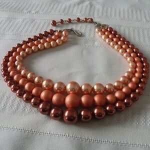 Vintage Warm Peach & Bronze Graduated Beads Multistrand 3 Strand Choker Necklace